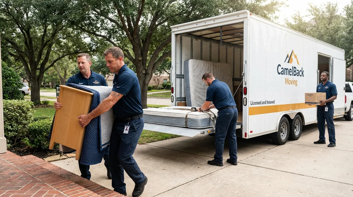 Crew loading residential truck for cross-state move from Cordell, OK