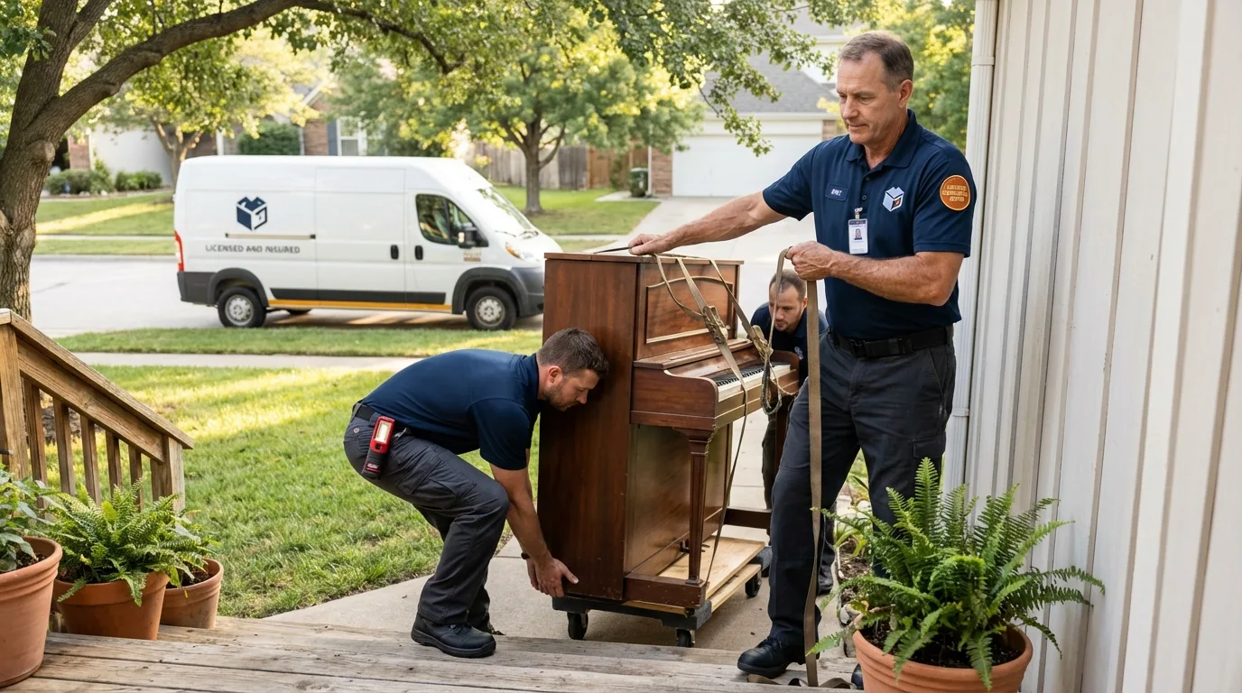 Licensed piano movers securing grand piano in Cordell, OK