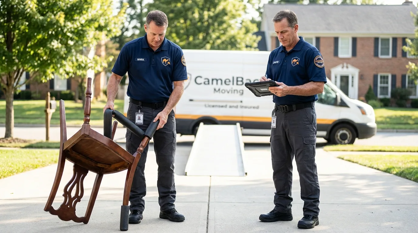 Movers inspecting furniture for damage prevention before loading in Cordell, OK