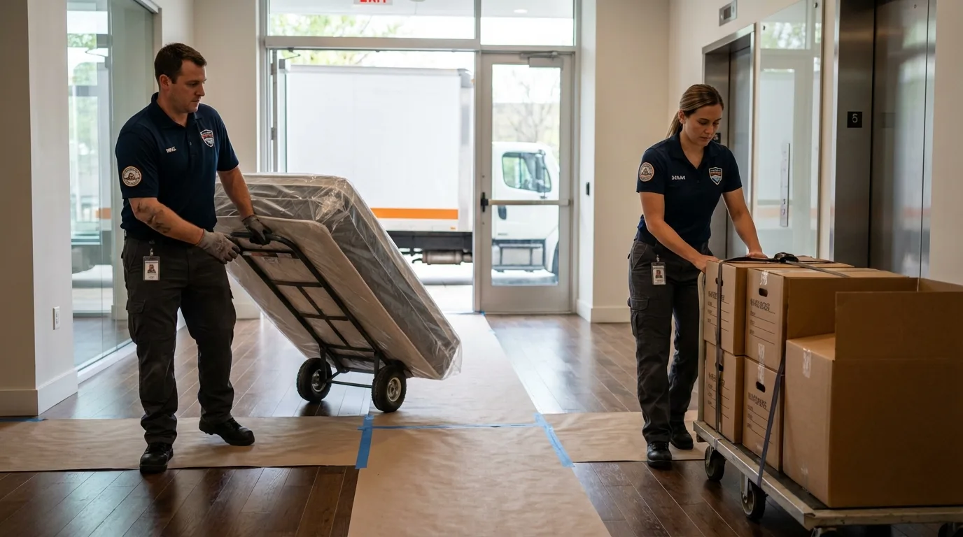 Professional apartment movers loading elevator in Cordell, OK