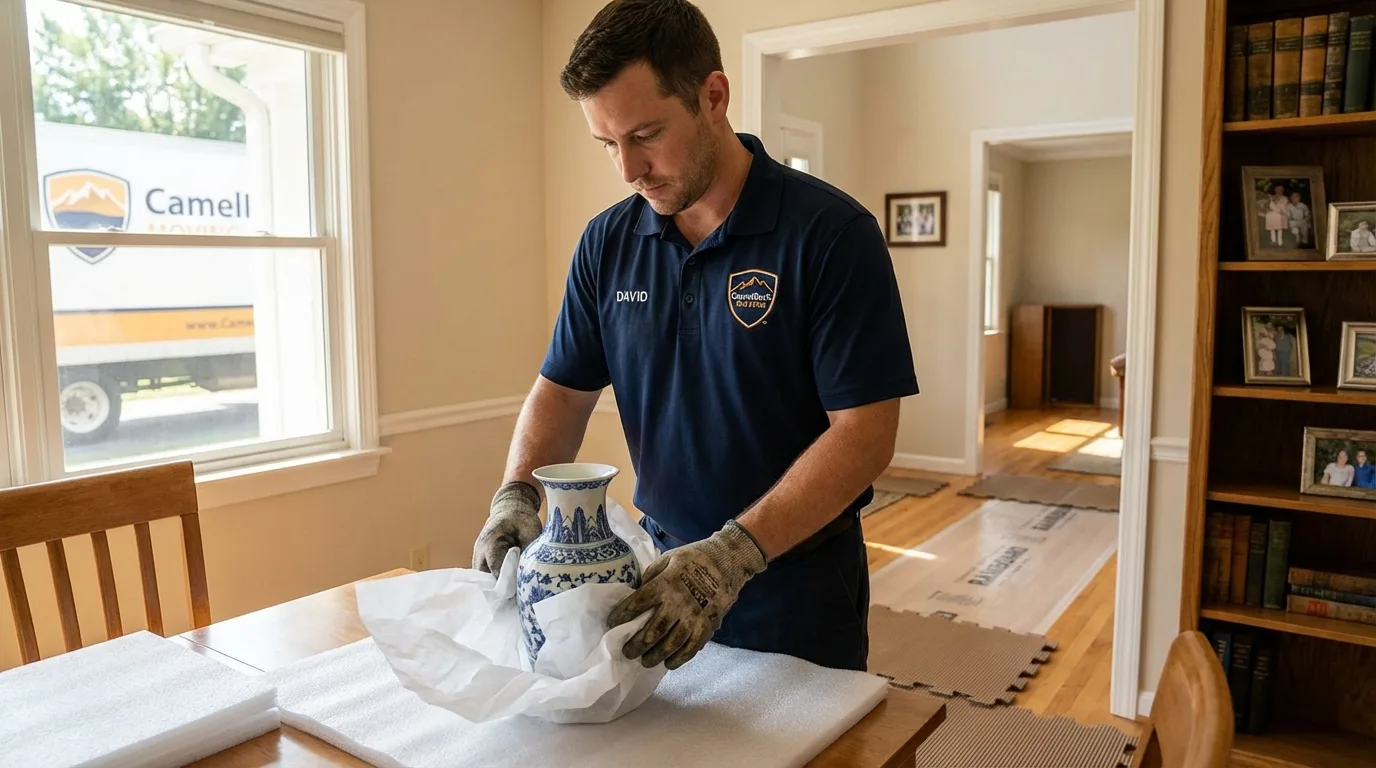 Professional crew carefully wrapping antique vase for senior downsizing move in Cordell, OK